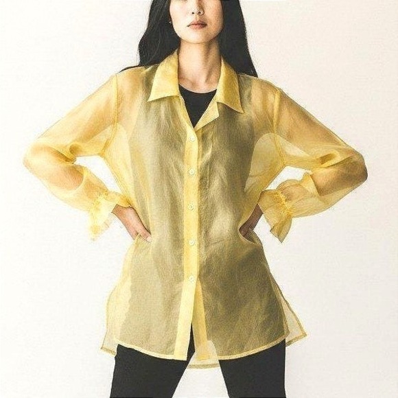 Erika Brooke Tops - Vintage Erika Brooke Womens Yellow Sheer Shimmer Button Down Blouse Size S